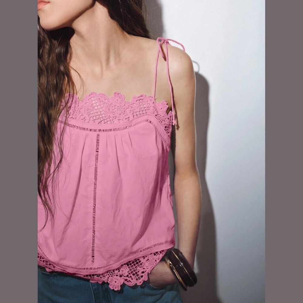 Pink Cotton Lace Trim Tie Strap Cami Top with Scalloped Hem